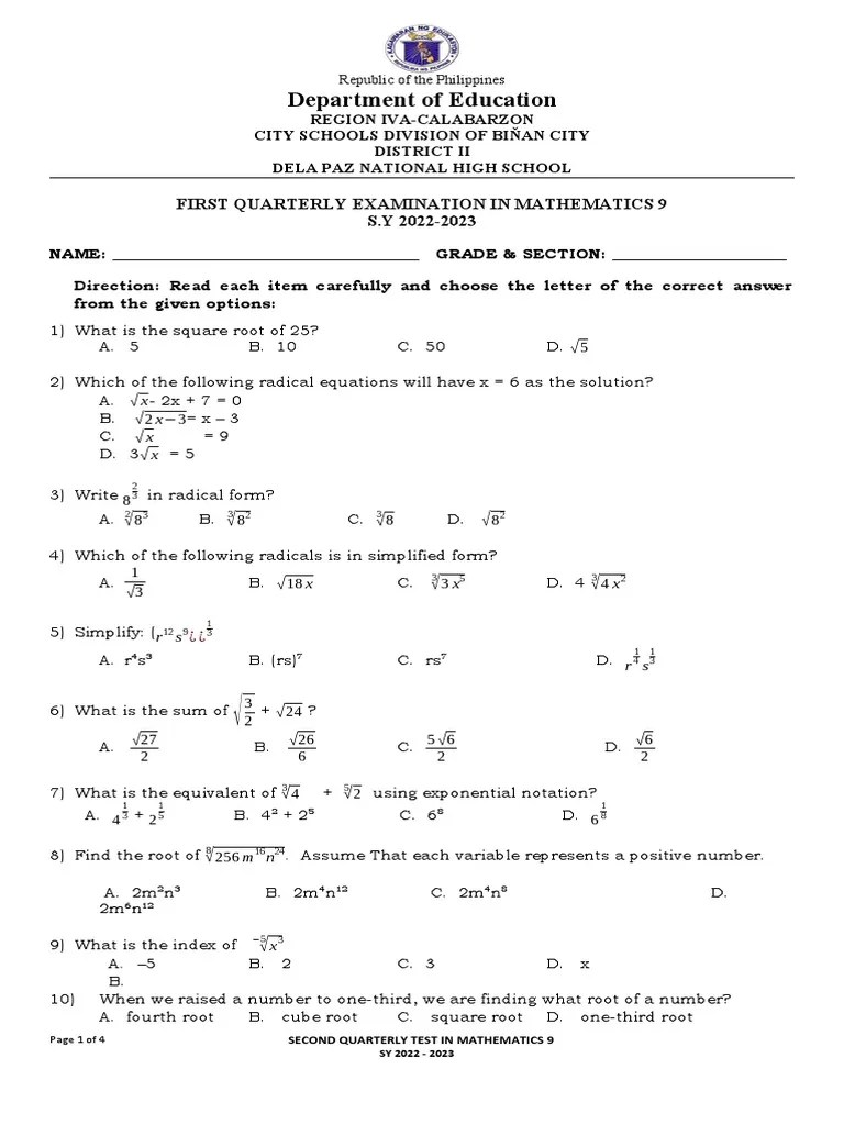 2nd Periodical Test Grade 9SY For PDF Area Numbers