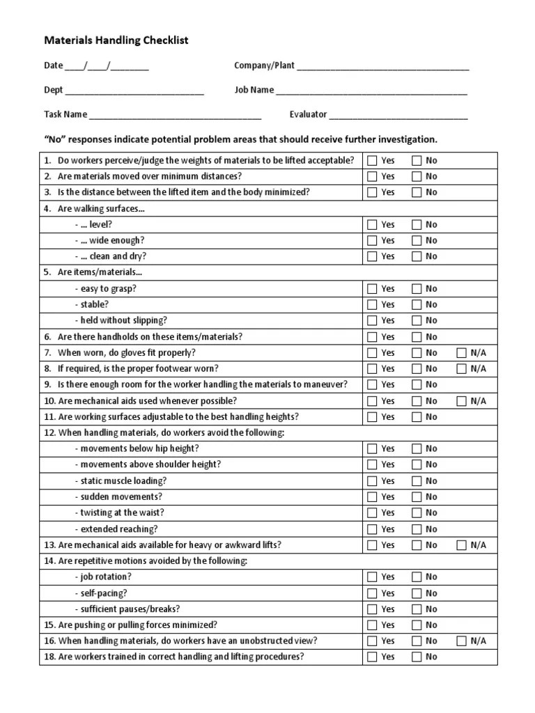 Materials Handling Checklist PDF