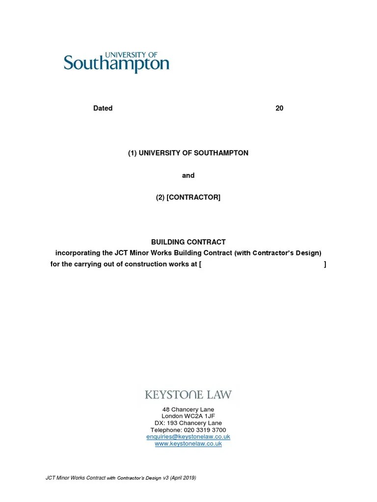 JCT Minor Works Contract With Contractors Design 2016 v3 April 2019