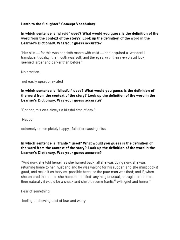 Lamb To The Slaughter" Concept Vocabulary PDF Vocabulary