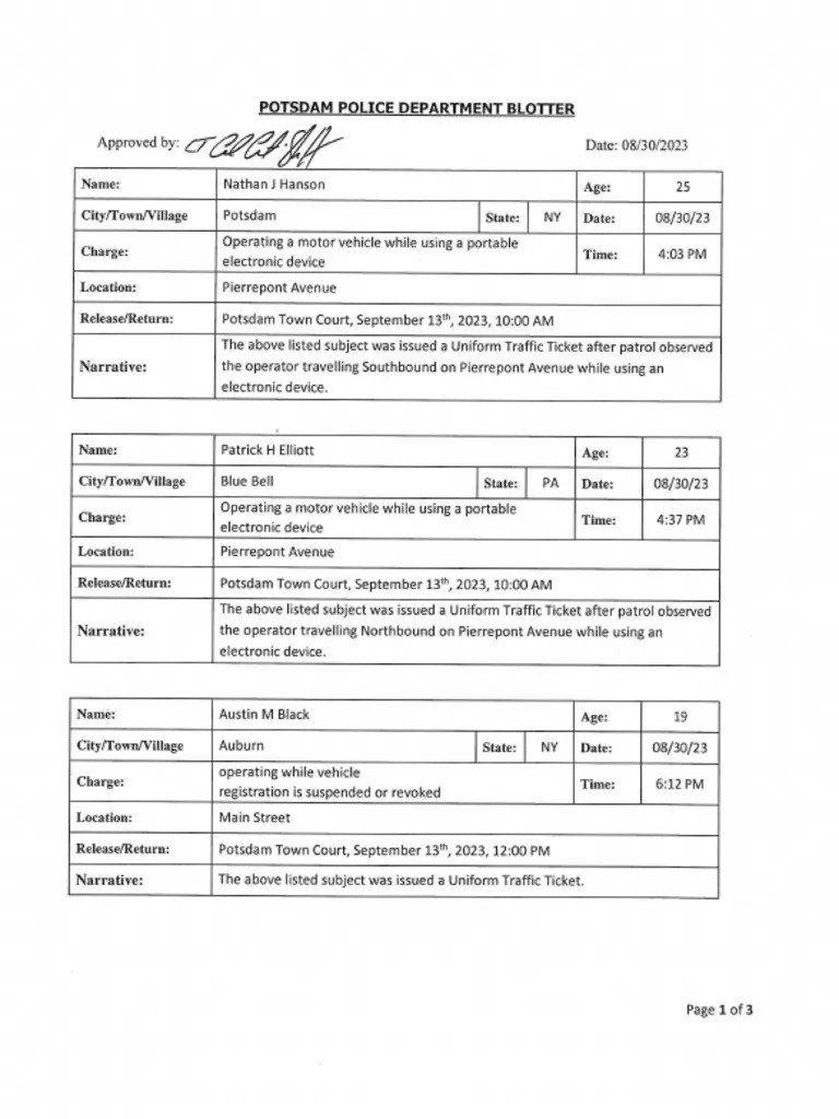 Potsdam Village Police Dept. Blotter Aug. 30, 2023 PDF(02)