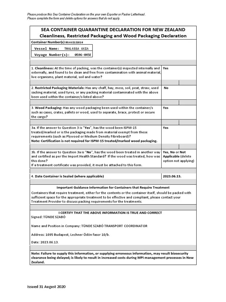 Sea Container Quarantine Declaration For New Zealand Cleanliness