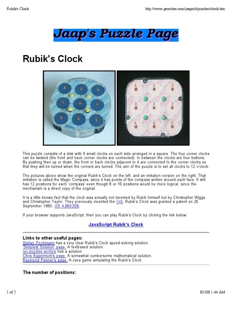 Rubik Clock Solution 1 PDF Linear Algebra Mathematical Analysis