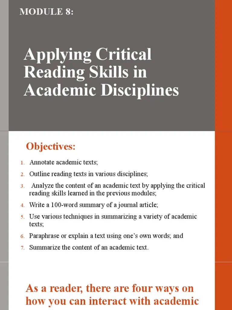 Applying Critical Reading Skills in Academic Disciplines PDF