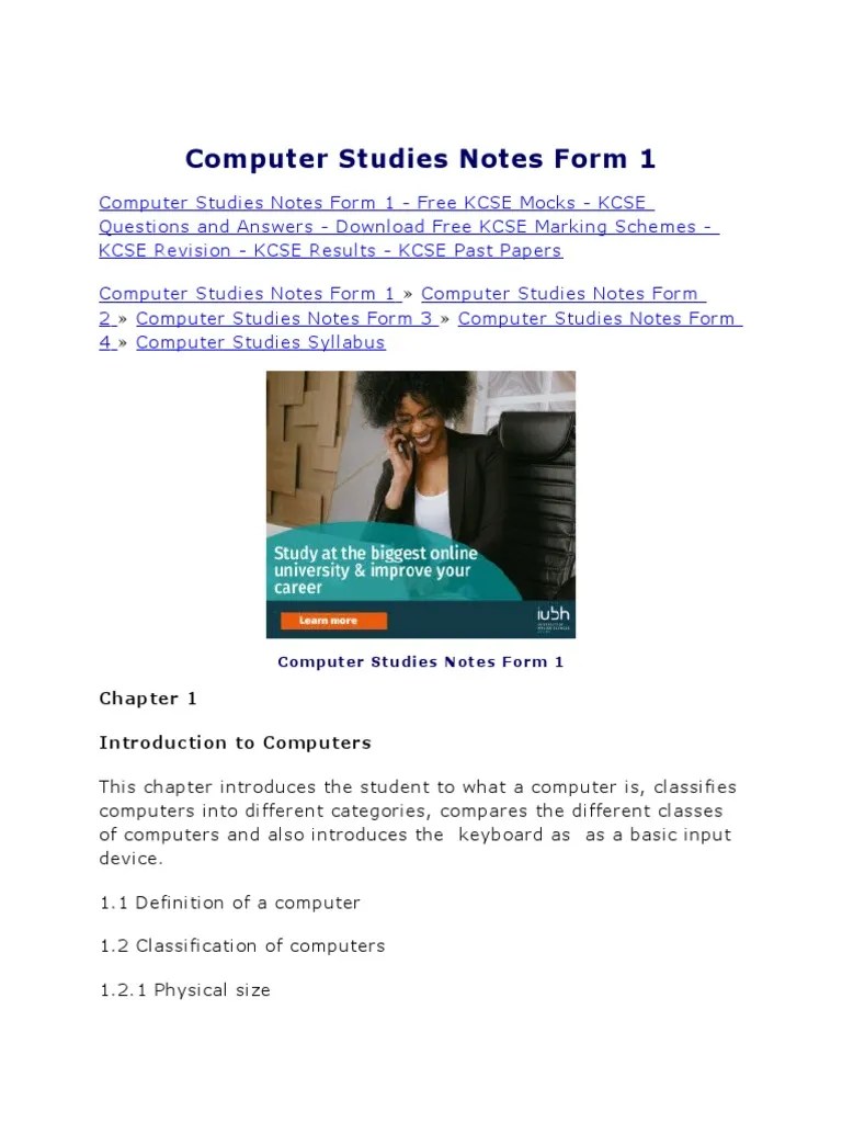 Computer Studies Notes Form 1 PDF