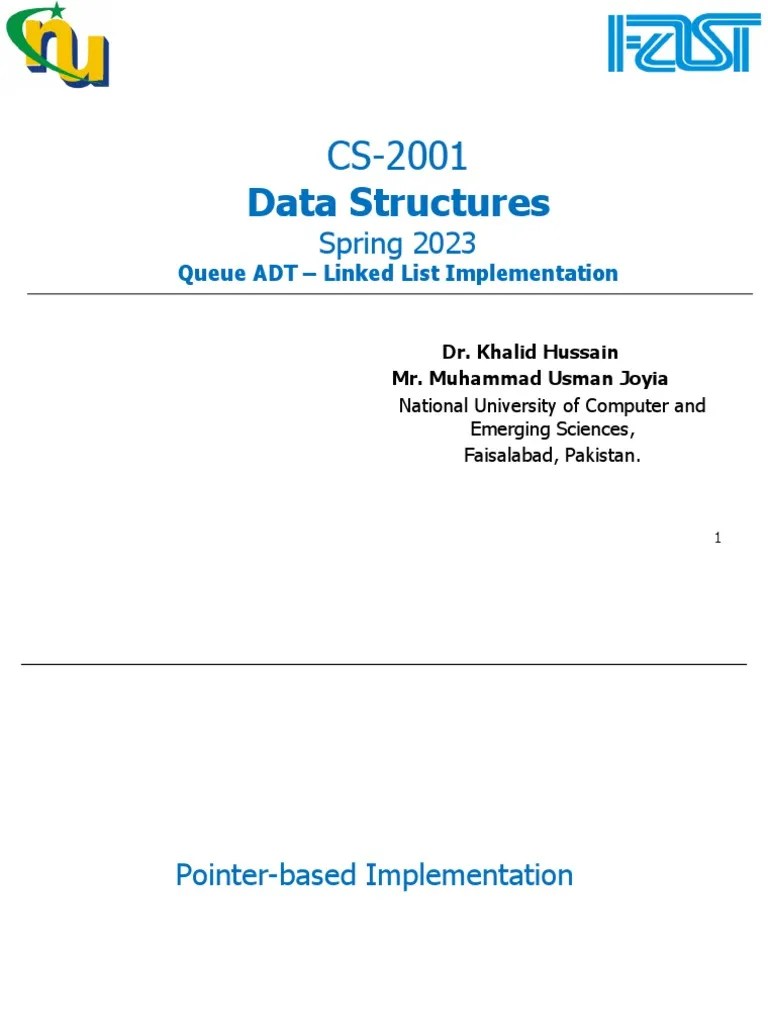 Lecture 9 Pointer based Queues Linked List PDF Queue (Abstract