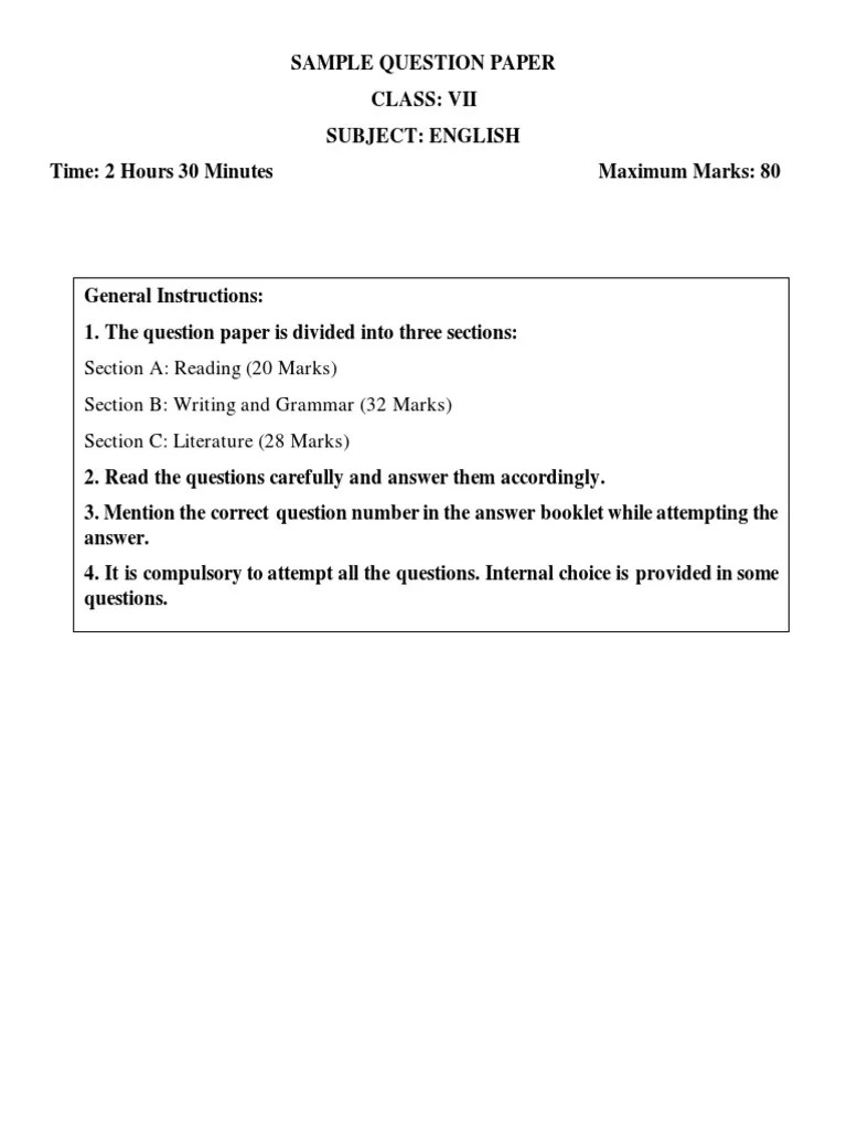 Class 7 English Sample Paper Mid Term Examination PDF Nail (Anatomy
