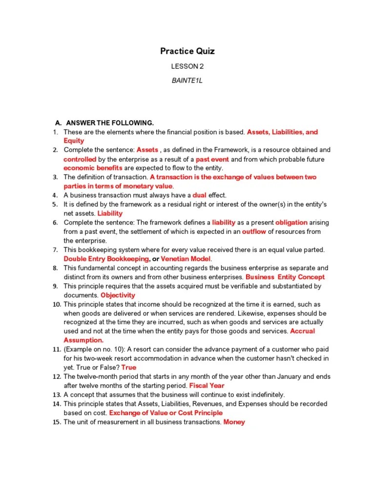 L02 Practice Quiz Answer Key (BAINTE1L) | PDF