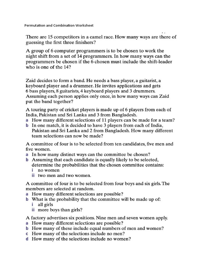 Permutation and Combination Worksheet PDF