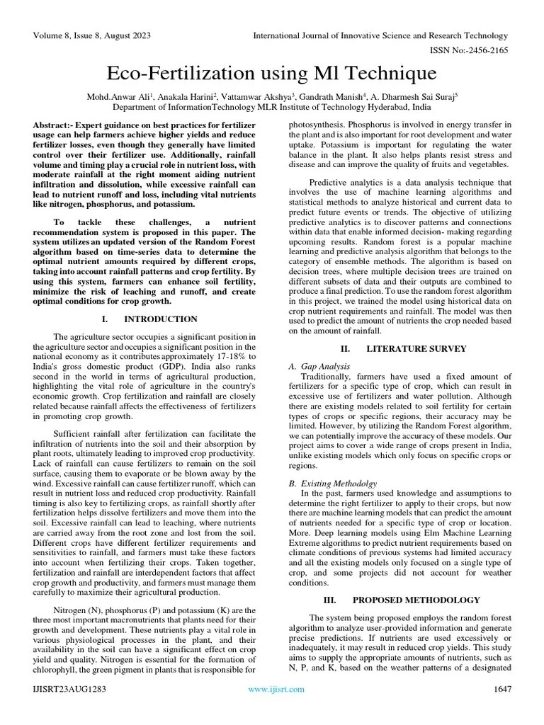 EcoFertilization Using ML Technique PDF Fertilizer Plant Nutrition