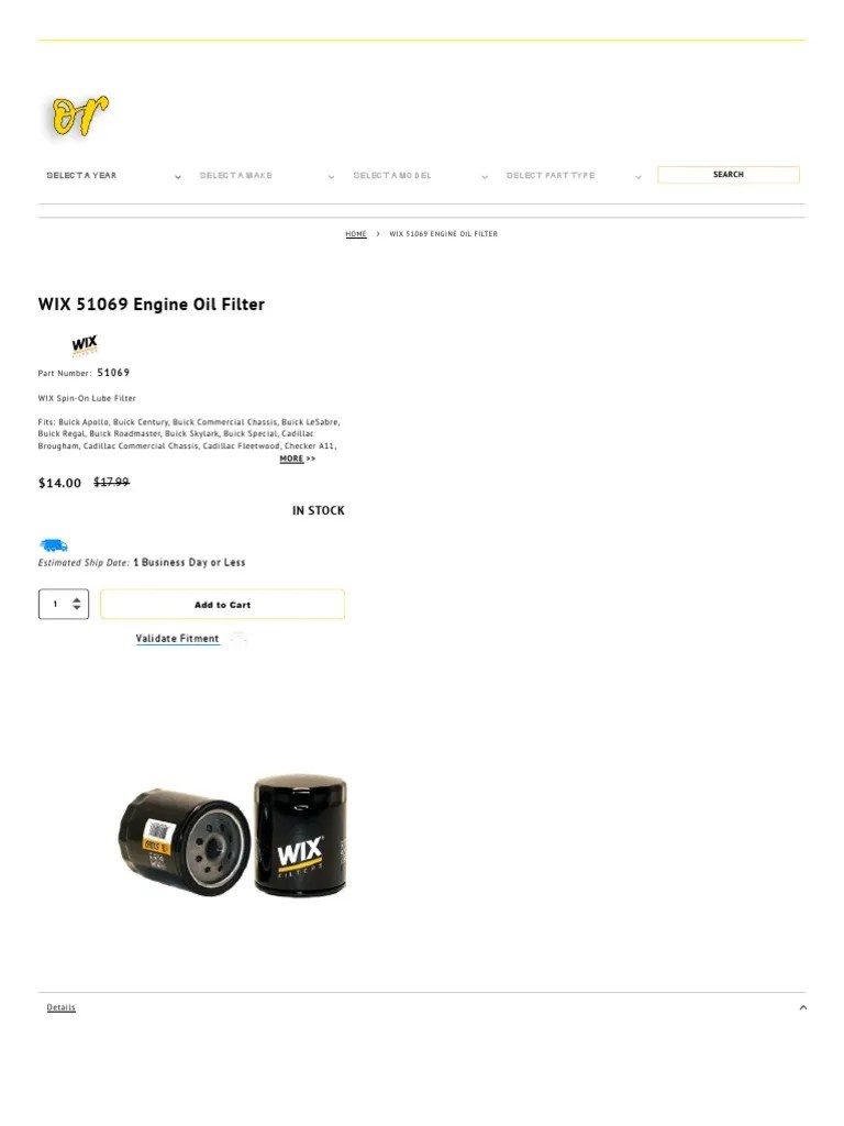WIX 51069 Engine Oil Filter Cross Reference PDF Buick Motor Oil