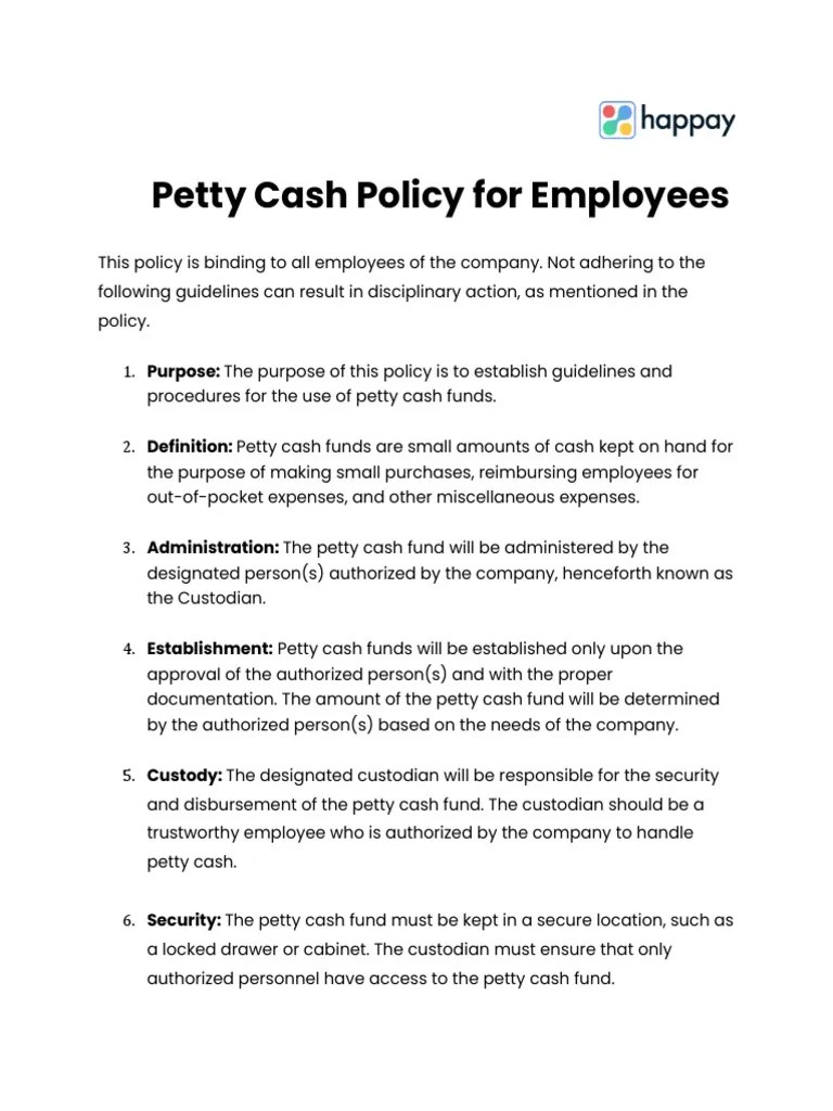 Petty Cash Policy and Procedures Example PDF Financial Services