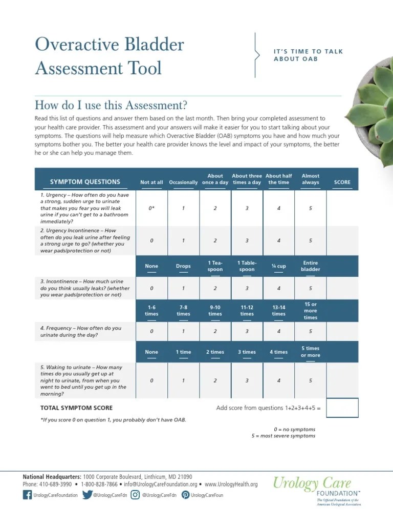 Overactive Bladder OAB Assessment Tool PDF Urinary Incontinence