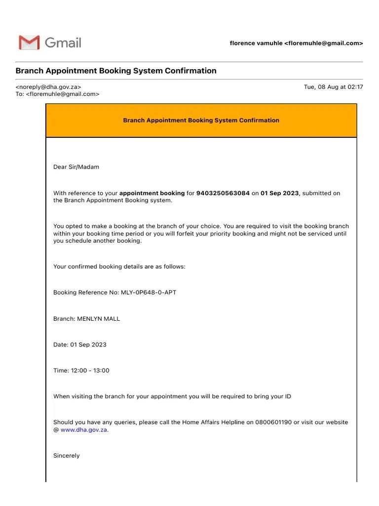 Branch Appointment Booking System Confirmation PDF