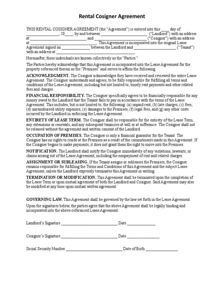 Rental Cosigner Agreement Addendum PDF Lease Leasehold Estate