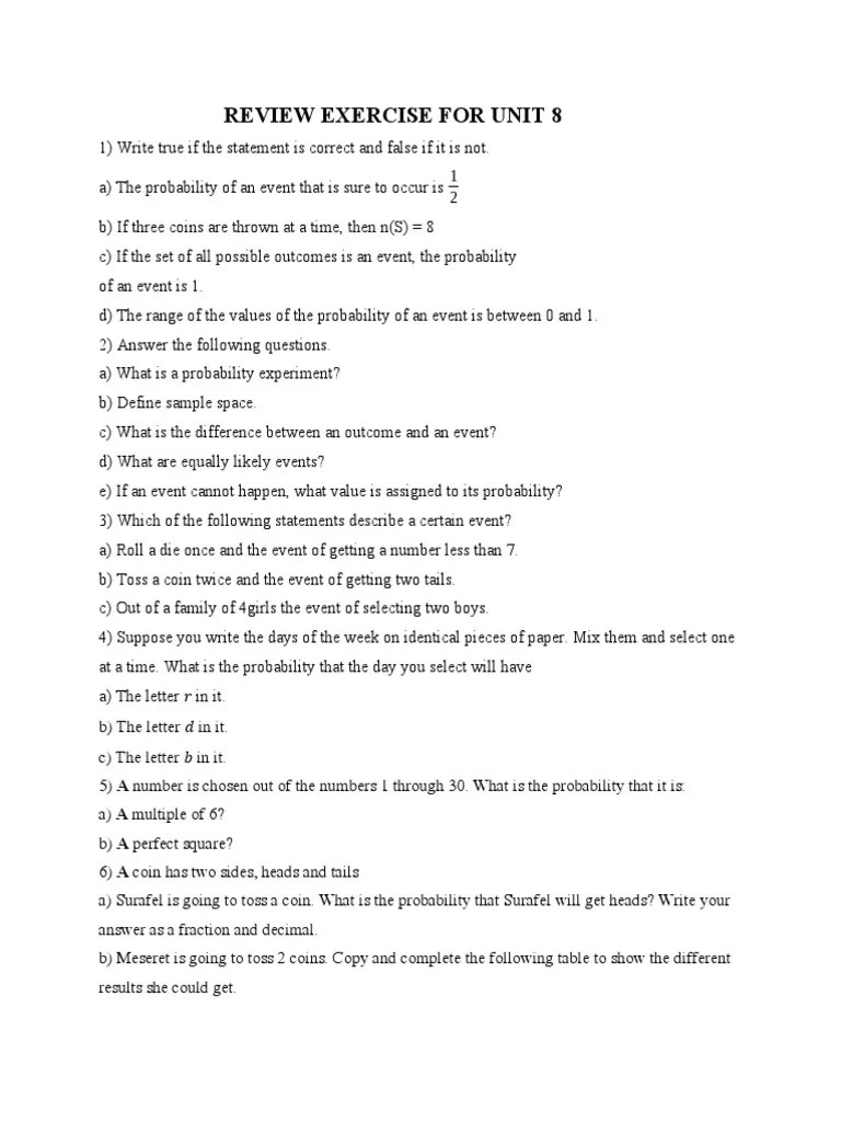 Review Exercise For Unit 8 | PDF | Probability | Mathematics