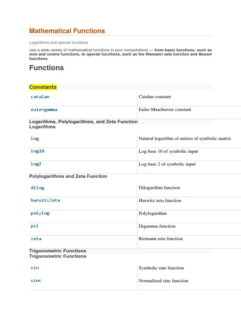 Matlab Functions and Constants PDF Trigonometric Functions