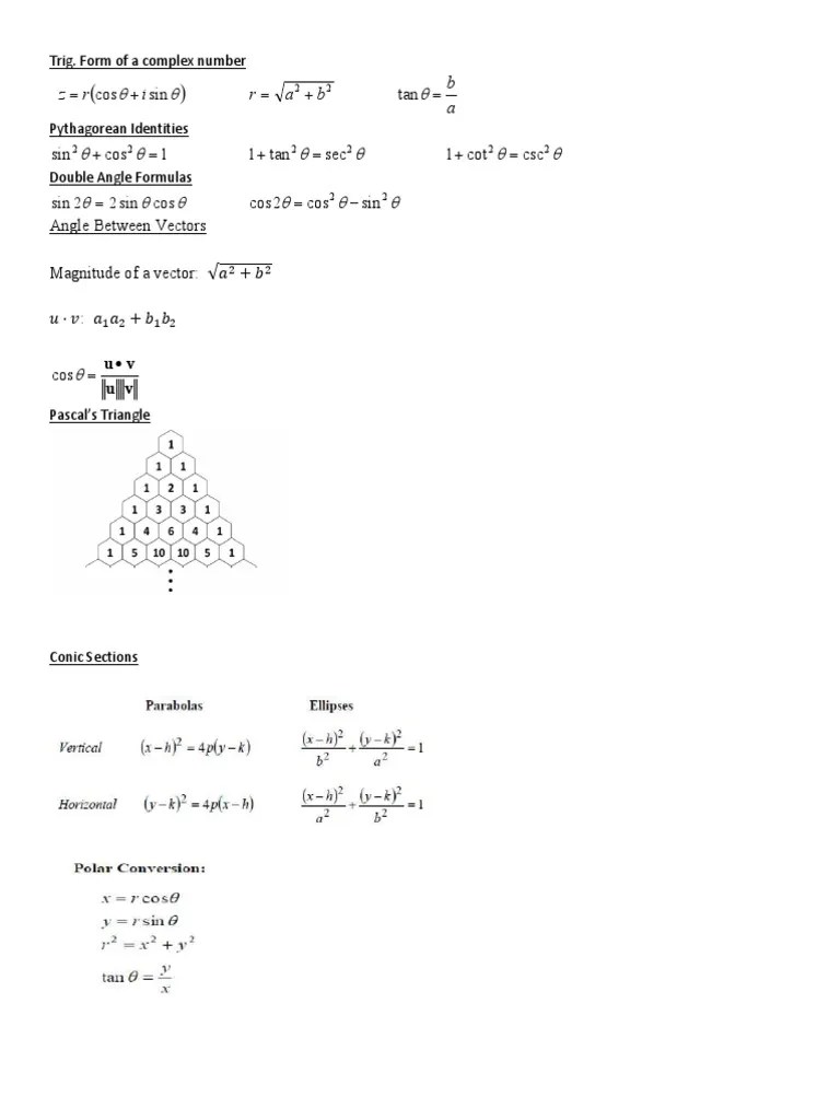 Pre Calc Formula Sheet Final Exam PDF