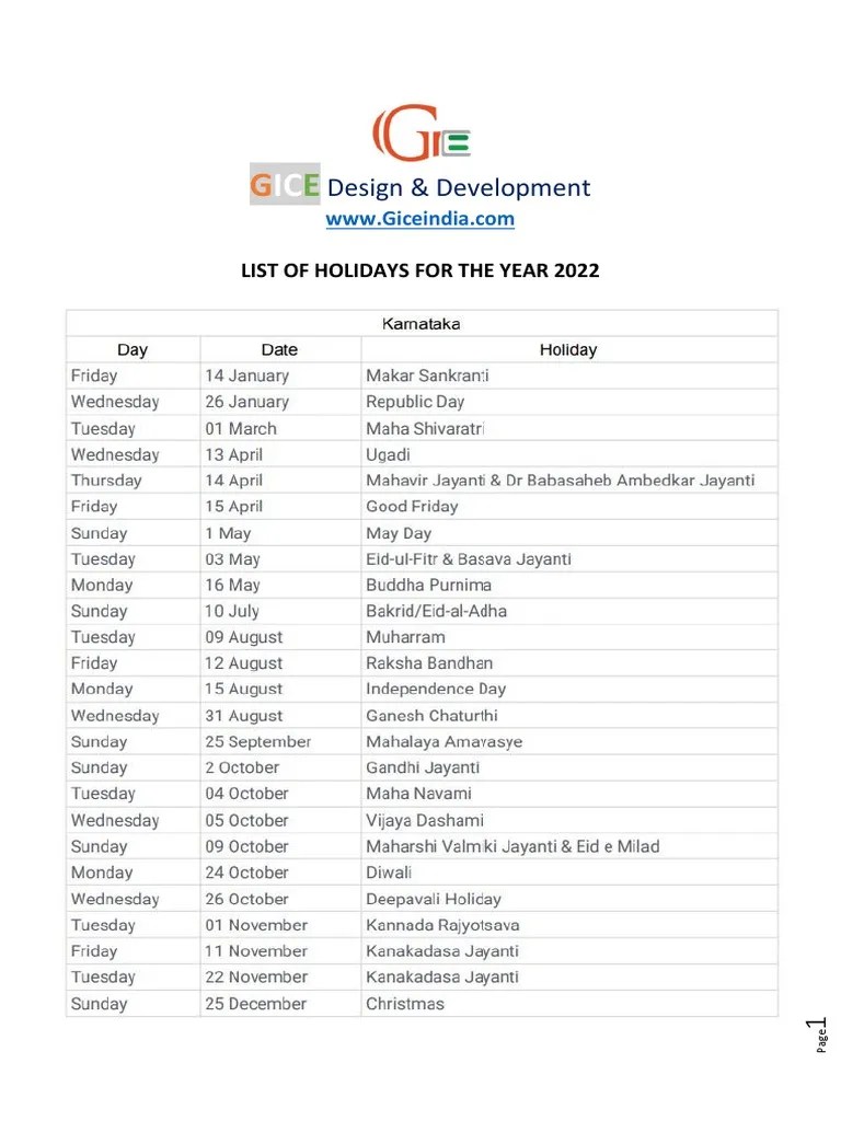 list of holidays 2022 PDF