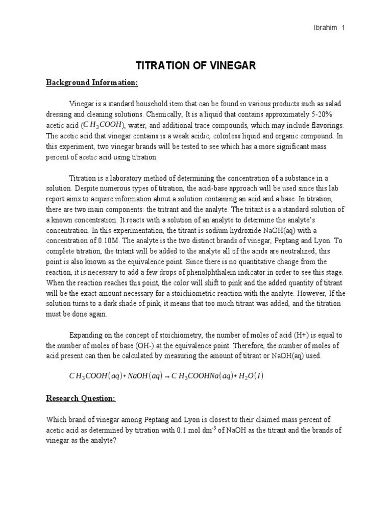 Titration of Vinegar Lab Report PDF Titration Chemistry