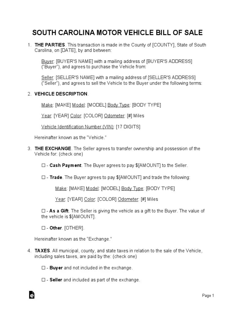 South Carolina Motor Vehicle Bill of Sale PDF Sales Taxes