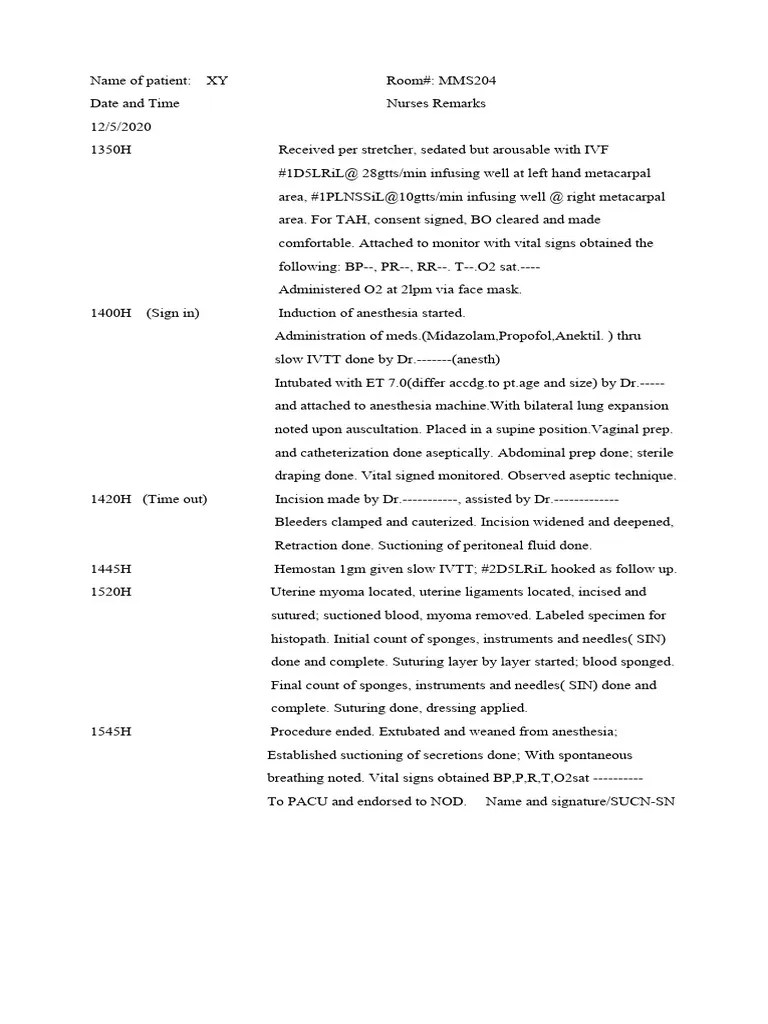 Sample Charting PDF Anesthesia Health Care