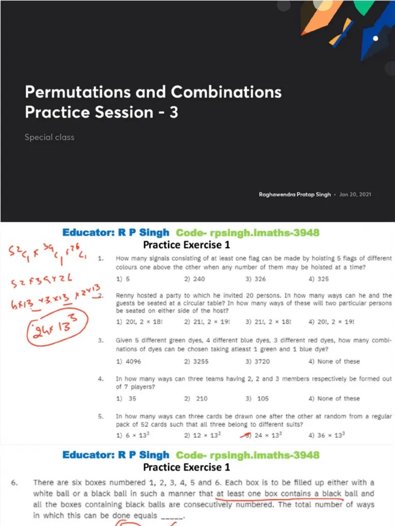 Permutations and Combinations Practice Session 3 With Anno PDF