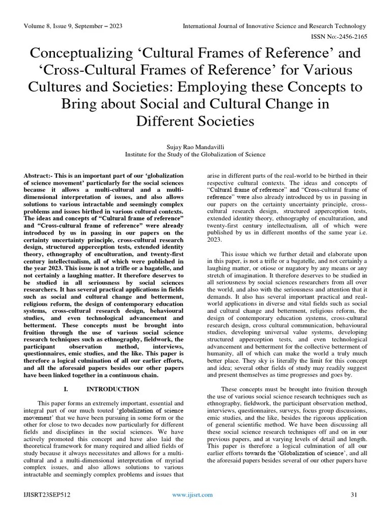 Conceptualizing ‘Cultural Frames of Reference’ and ‘CrossCultural