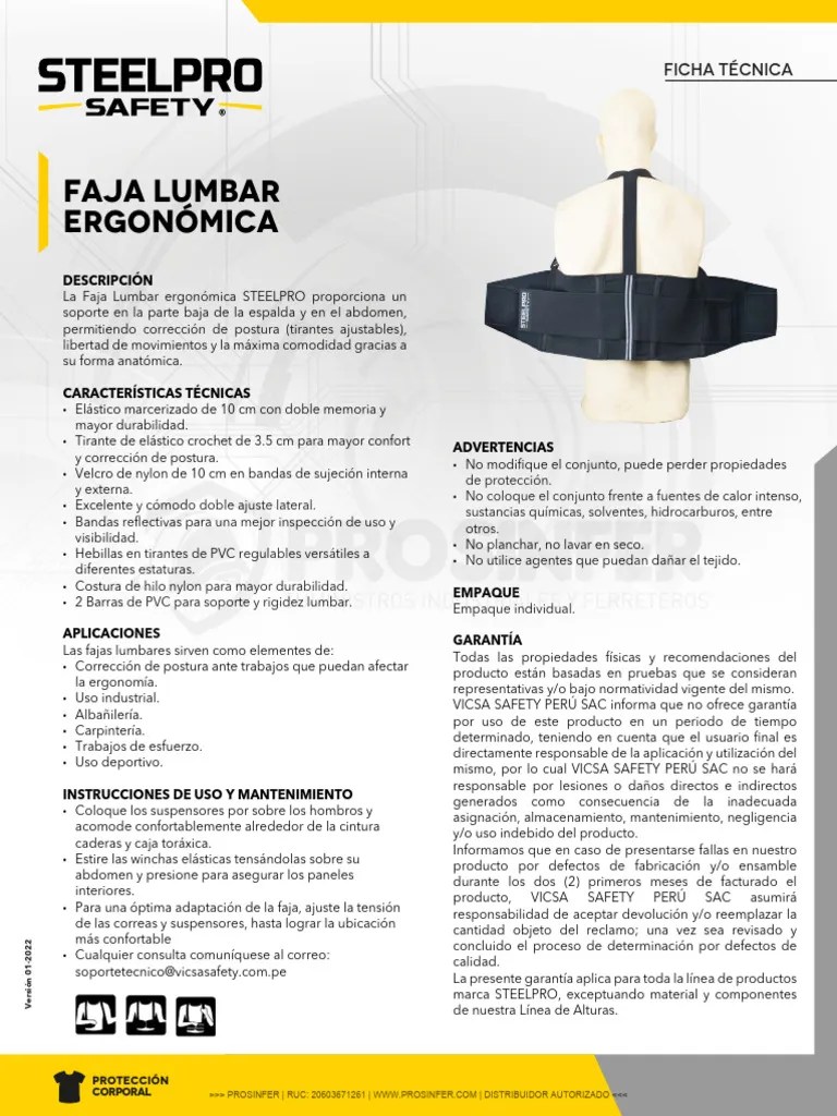 Faja Lumbar Ergonomica Steelpro Ficha Tecnica PDF Factores humanos