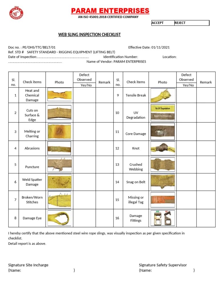 Lifting Belt Inspection Checklist PDF Equipment Mechanical