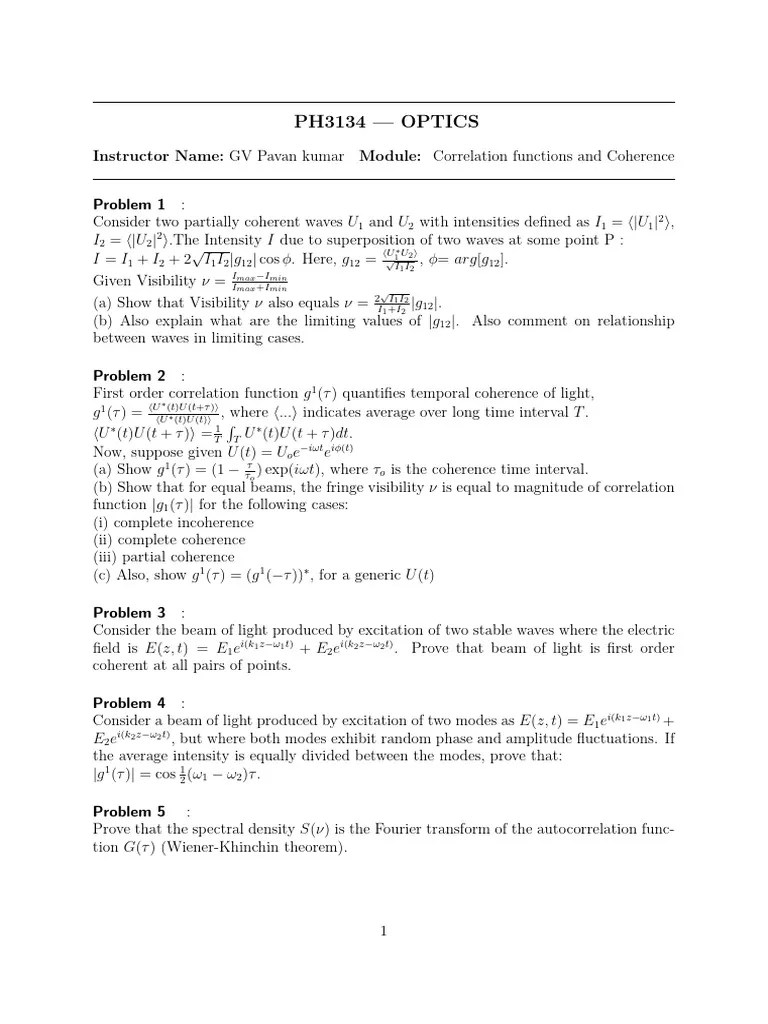 OPTICS Problems Set 2 PDF Coherence (Physics) Wavelength