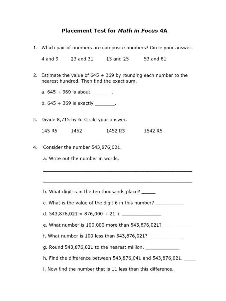 Math in Focus 4A Worksheet PDF Numbers Arithmetic