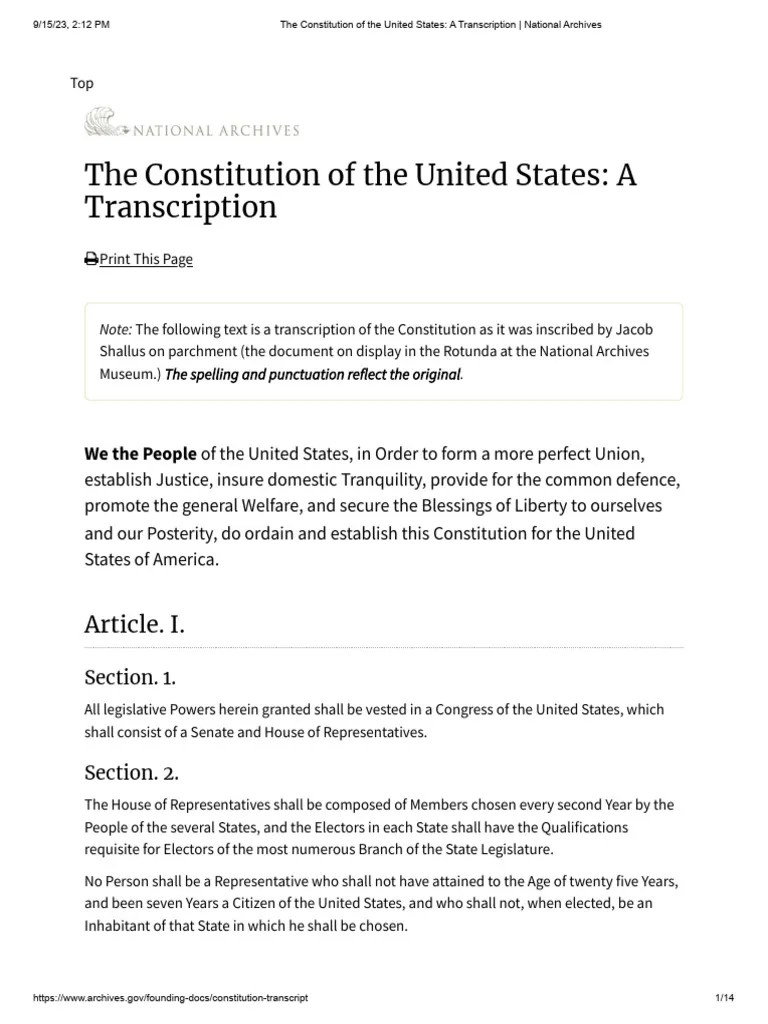 The Constitution of The United States A Transcription National