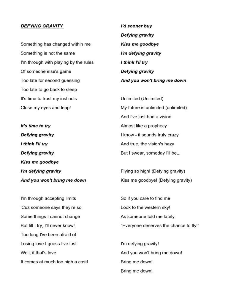 Defying Gravity Lyrics Overview Pdf