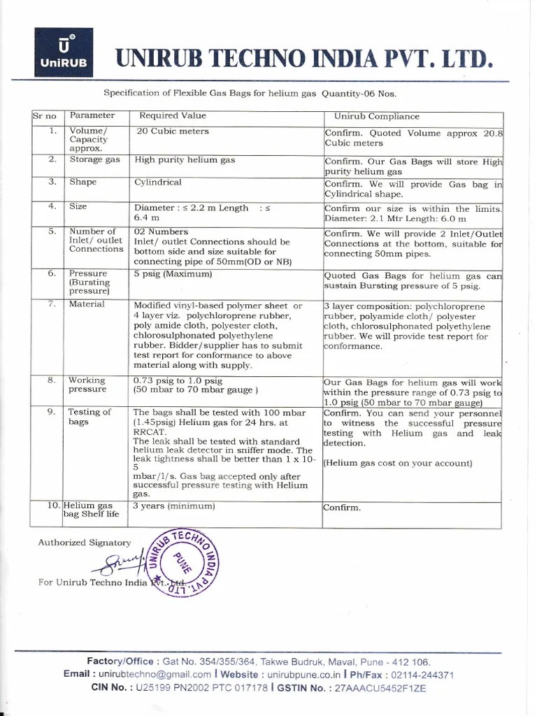 Helium Gas Bag Specification PDF Gases Phases Of Matter