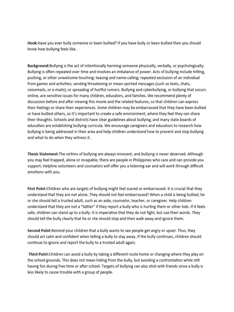 Thesis Statement PDF Bullying Cyberbullying