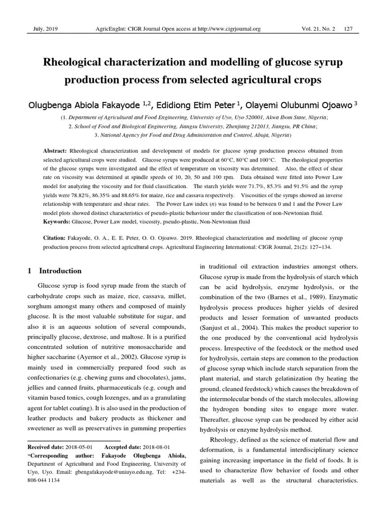 Modelling of Glucose Syrup Production Process PDF Viscosity Rheology