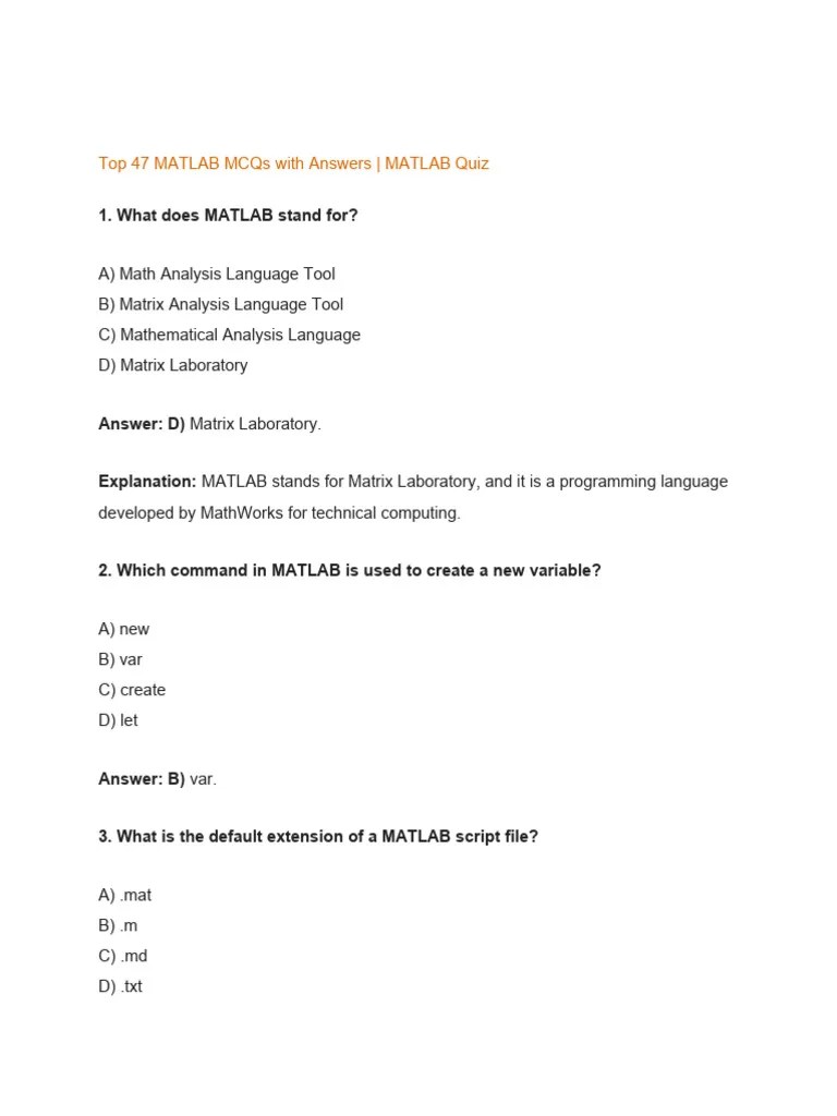 Top 47 MATLAB MCQs With Answers PDF Matlab Matrix (Mathematics)