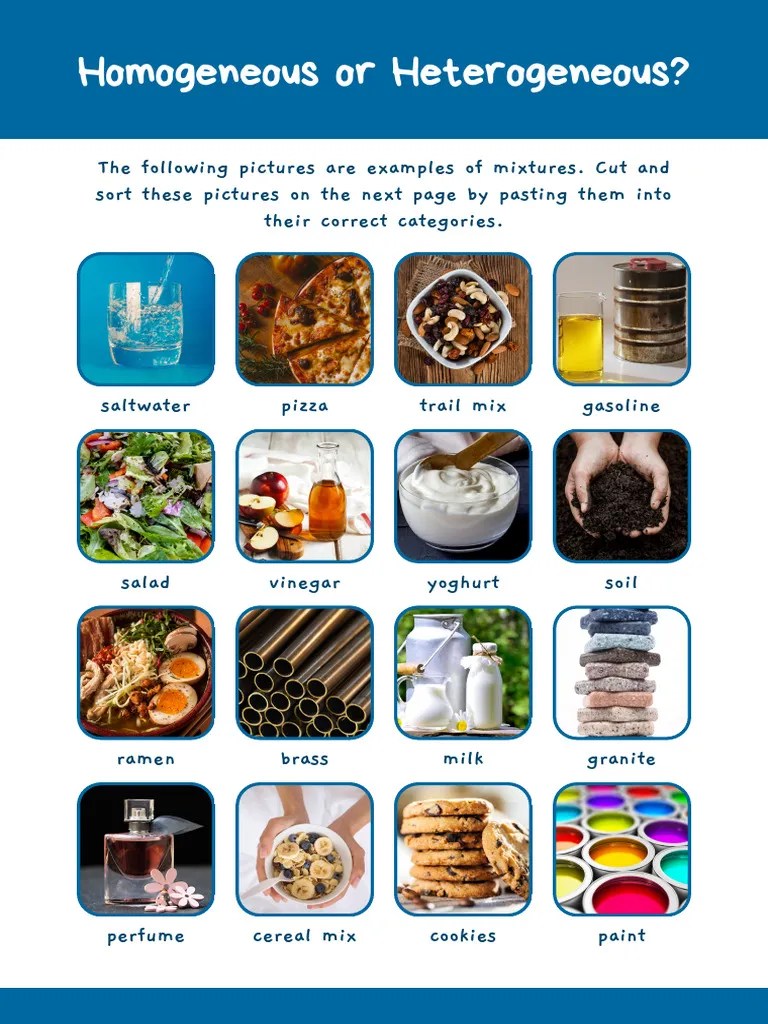 Homogeneous and Heterogeneous Mixture Science Worksheet in Blue and