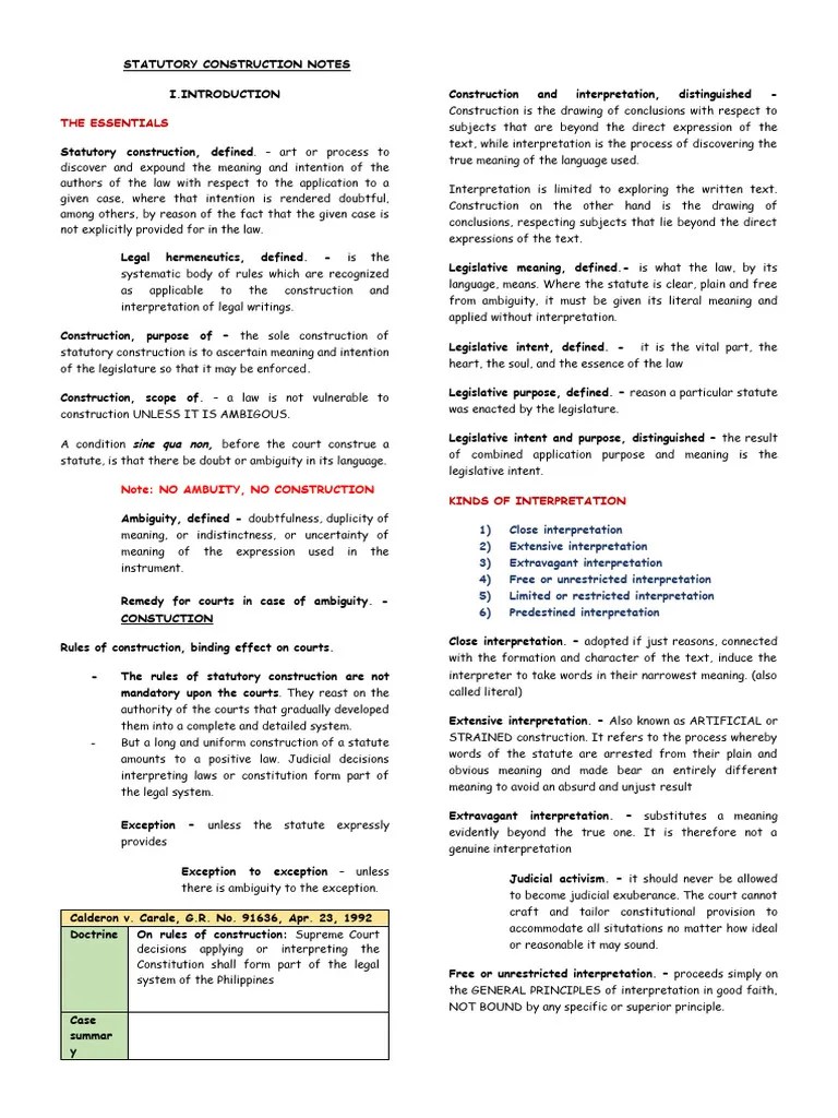 Statutory Construction Notes PDF Statutory Interpretation