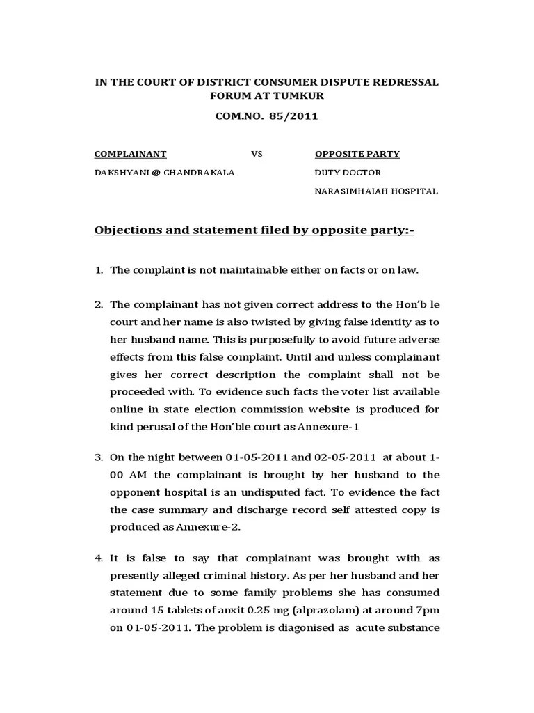 Consumer Court Written Statement and Arguments Defending Doctor in