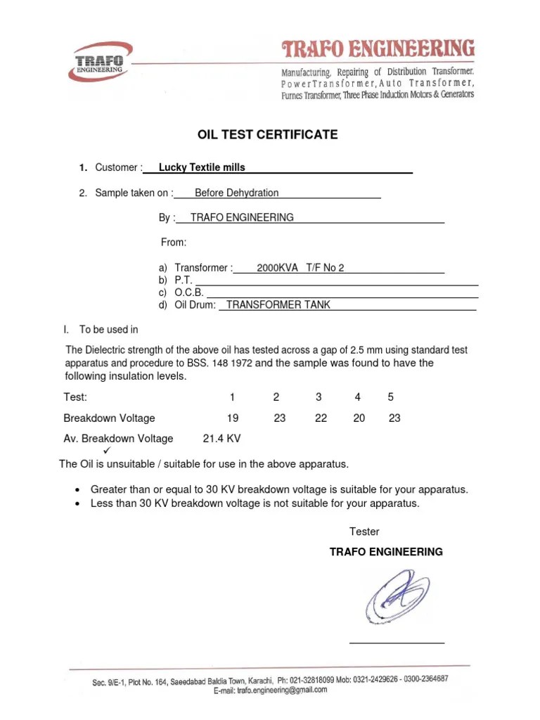 Oil Test Report 2 Before Dehydration PDF