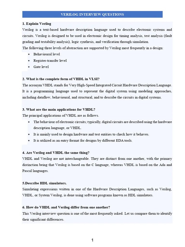 Verilog Interview Questions PDF Hardware Description Language Vhdl