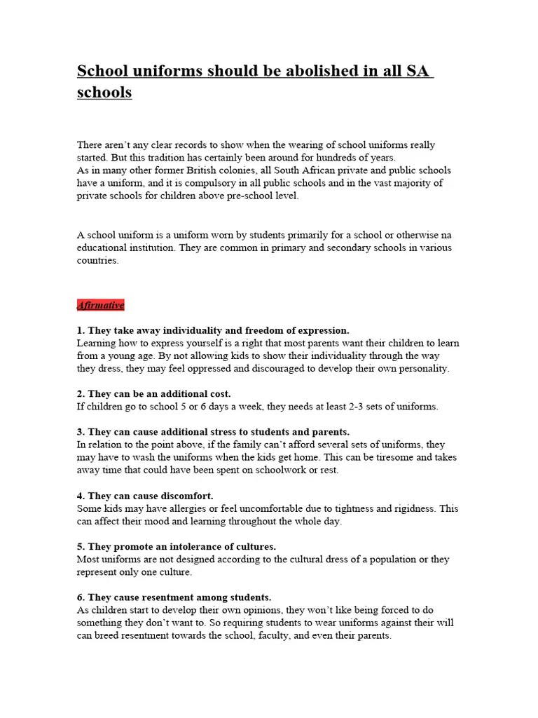 School Uniforms Should Be Abolished in All S.A Schools PDF Clothing