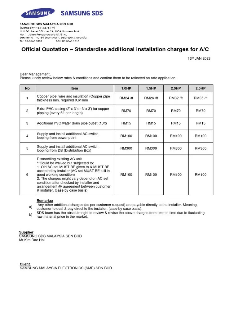 Official Quotation Standardise Additional AC Installation Charges