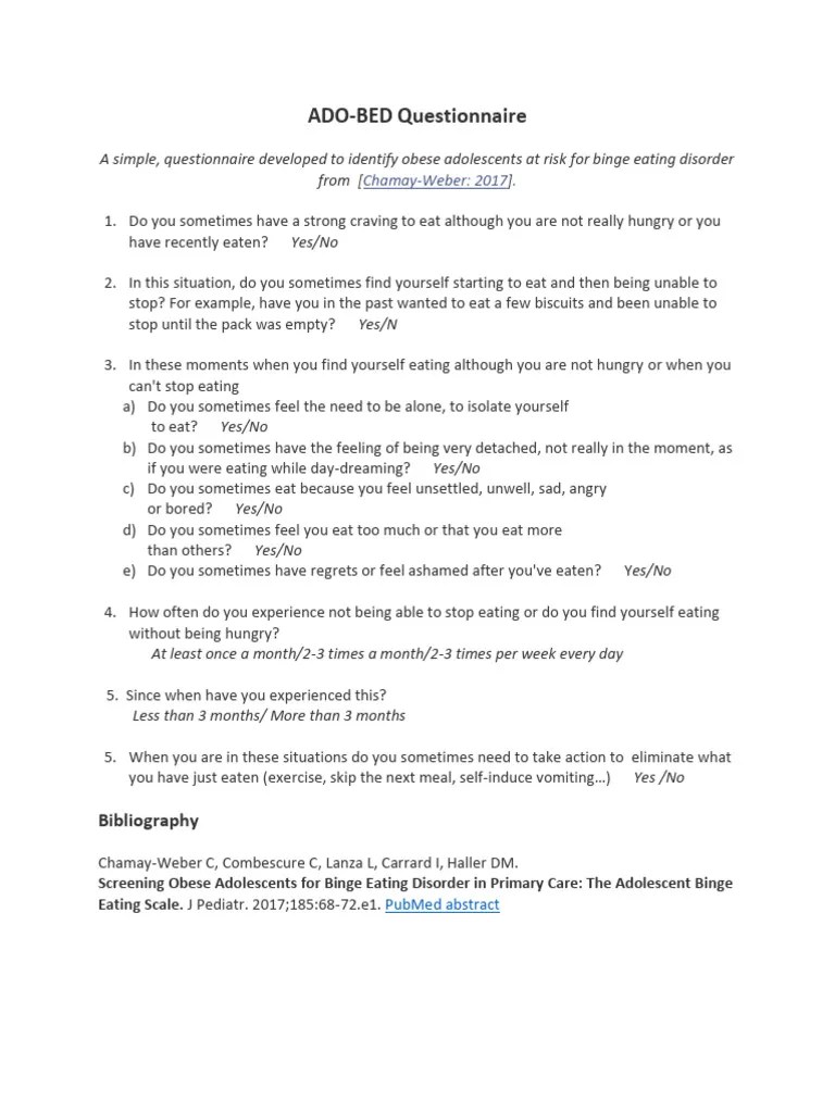 Adolescent Binge Eating Scale ADOBED Questionnaire PDF
