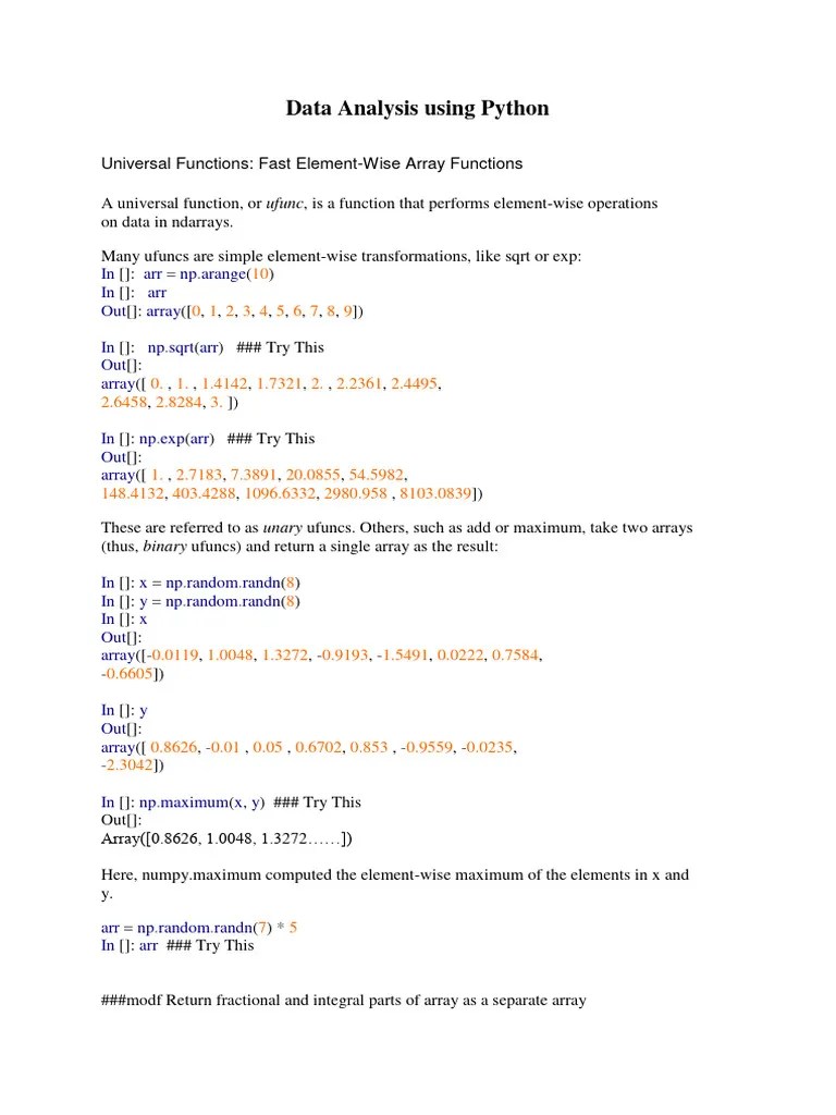 Data Analysis Using Python in Arr NP Arange in Arr Out Array in NP