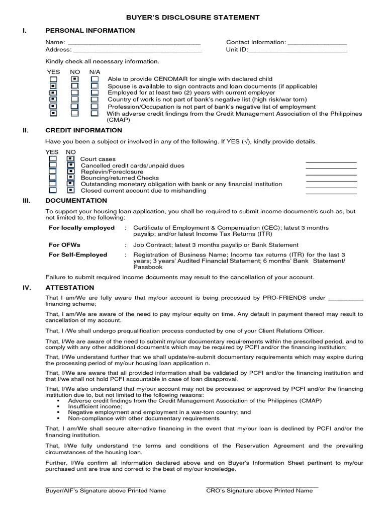 Buyers Disclosure Statement Download Free PDF Credit Finance