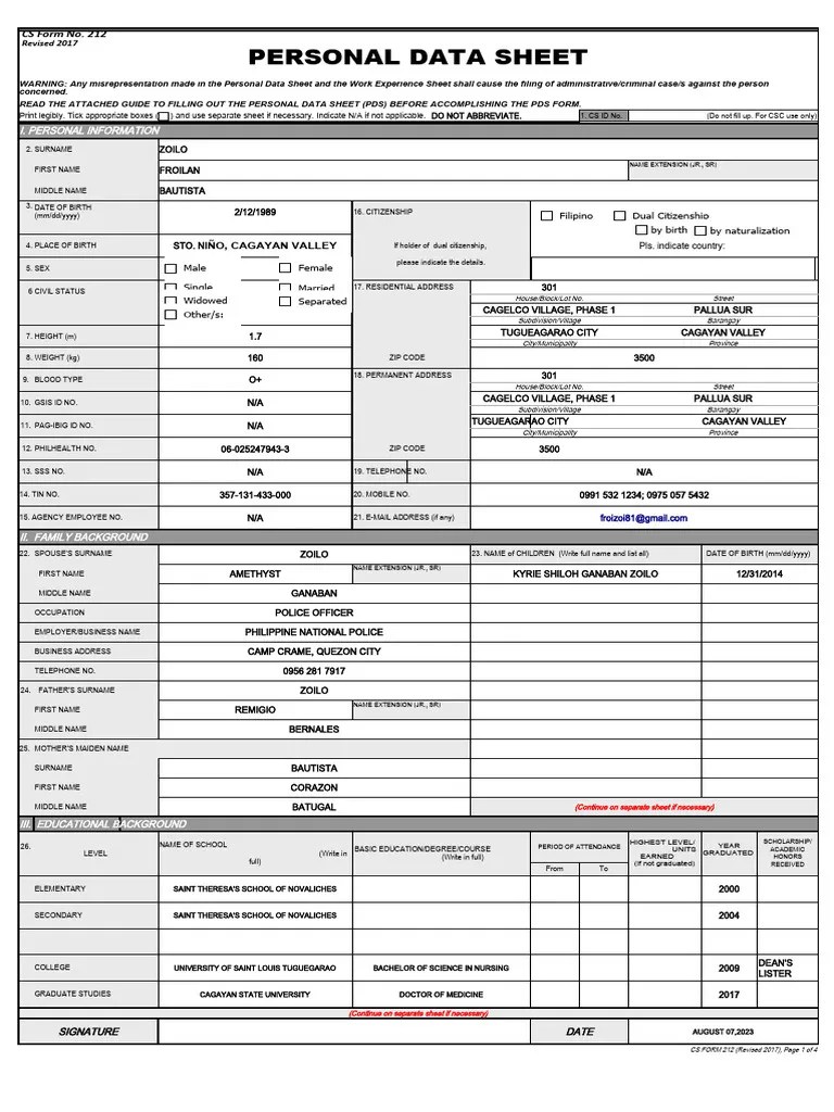 CS Form No. 212 Personal Data Sheet Revised PDF