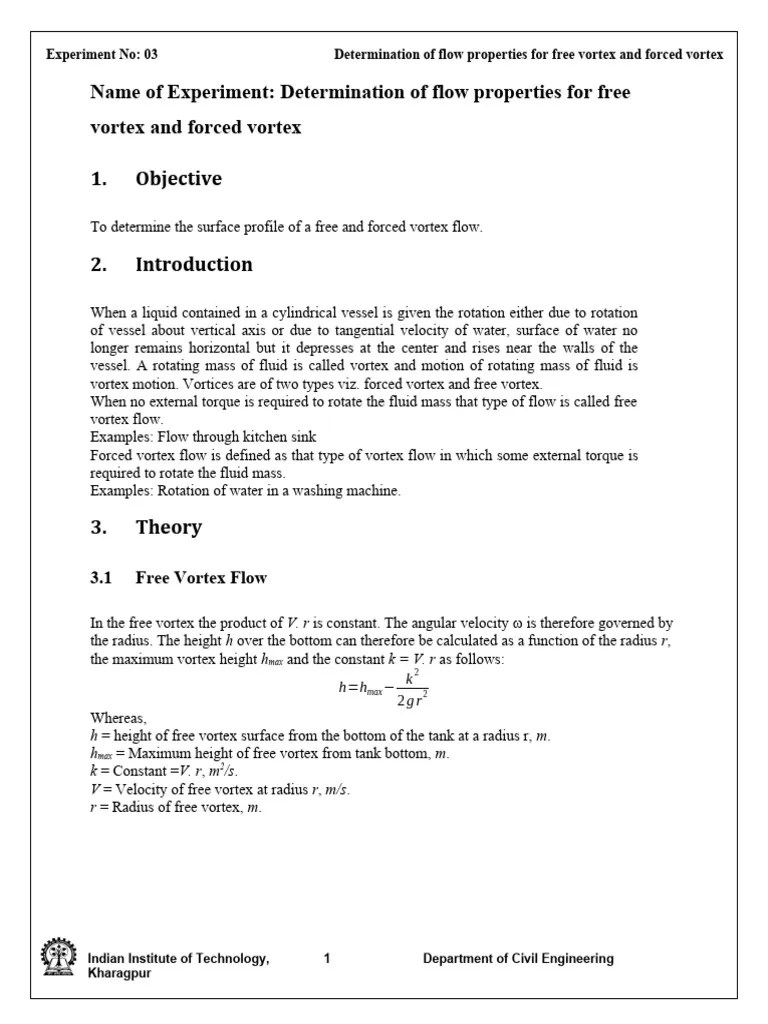 Exp 3 Free and Forced Vortex Download Free PDF Vortices Pump